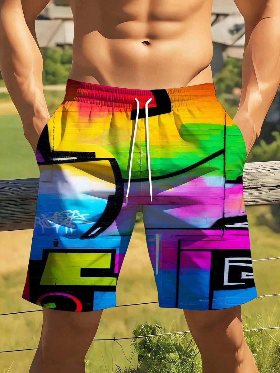 Mens Rainbow Graffiti Print Sw - Swim Trunk Quick Dry 评论和价格