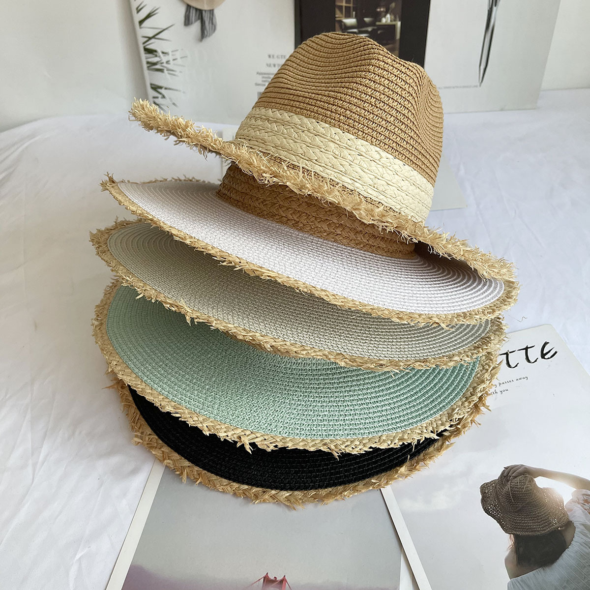 Fringed Brim Panama Hat Wide B - Bucket Hat Straw 评论和价格