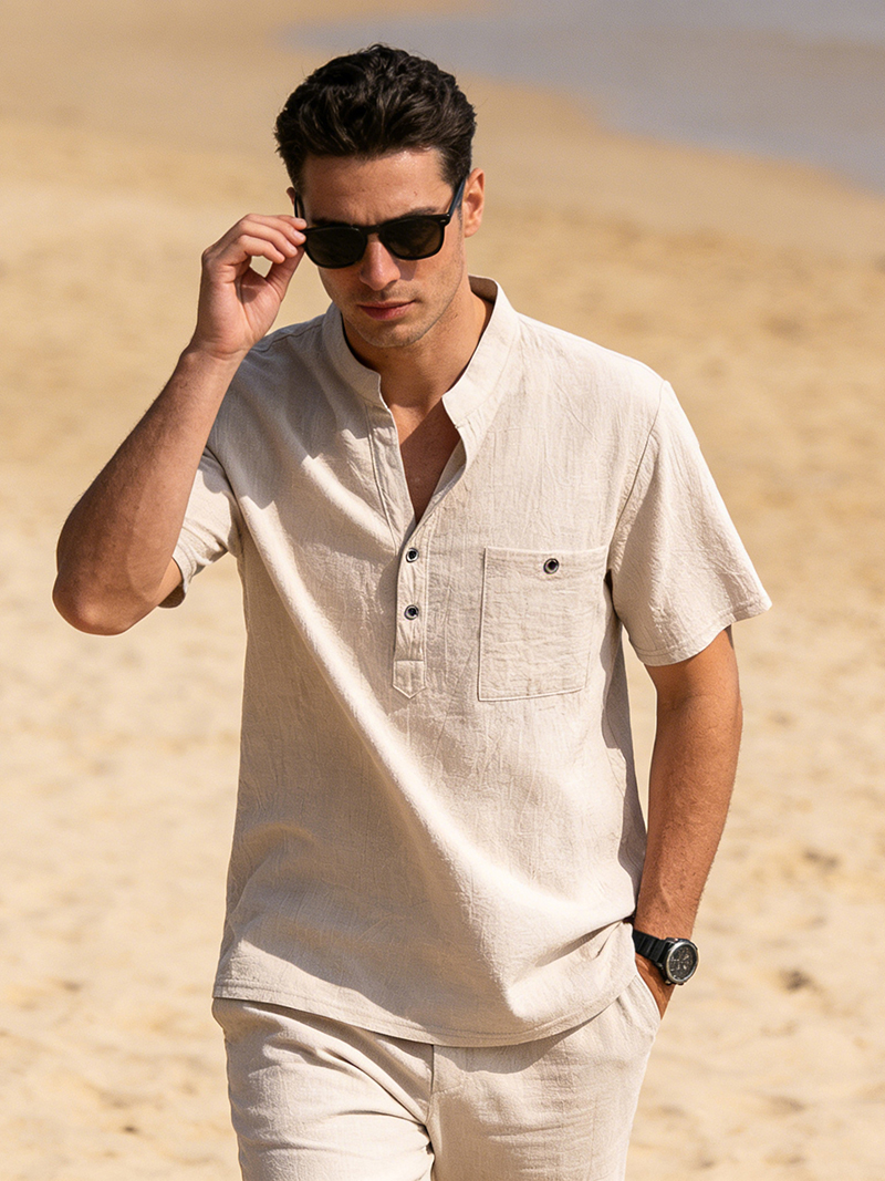 Men's Cotton Linen Henley Shir - Linen Shirt Breathable 评论和价格