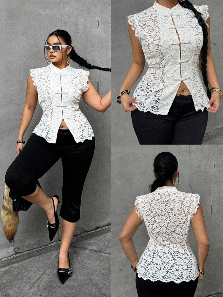 Plus Size Elegant Lace Blouse, - Shirt Camp Collar 评论和价格