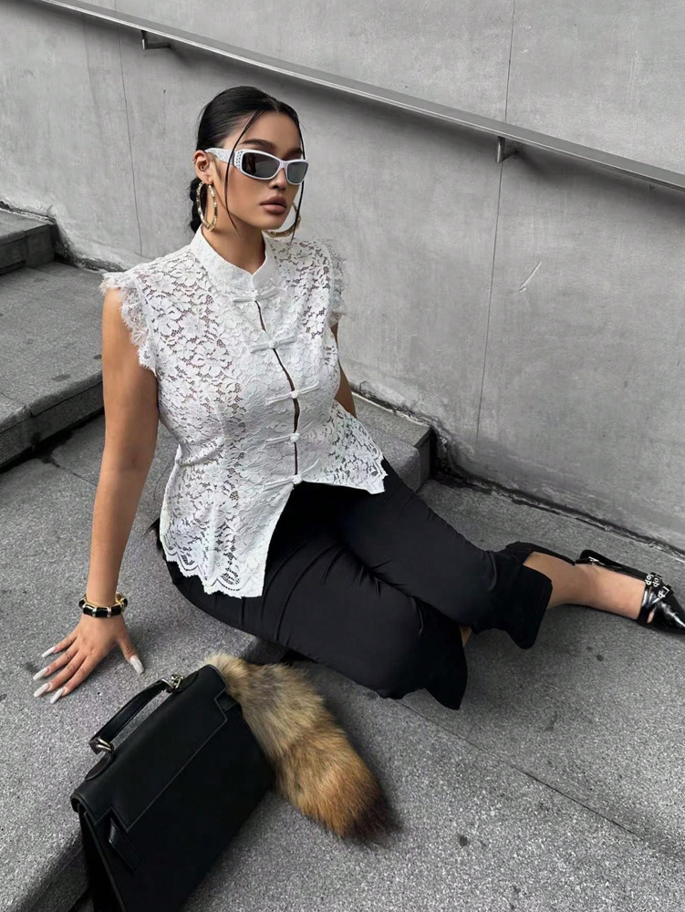 Plus Size Elegant Lace Blouse, - Shirt Camp Collar 评论和价格