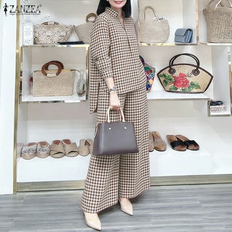 ZANZEA Women's Gingham Pant Su - Shirt Camp Collar 评论和价格