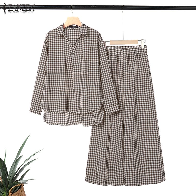ZANZEA Women's Gingham Pant Su - Shirt Camp Collar 评论和价格
