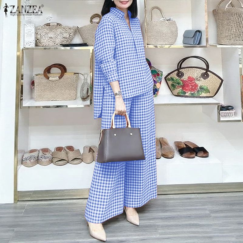 ZANZEA Women's Gingham Pant Su - Shirt Camp Collar 评论和价格