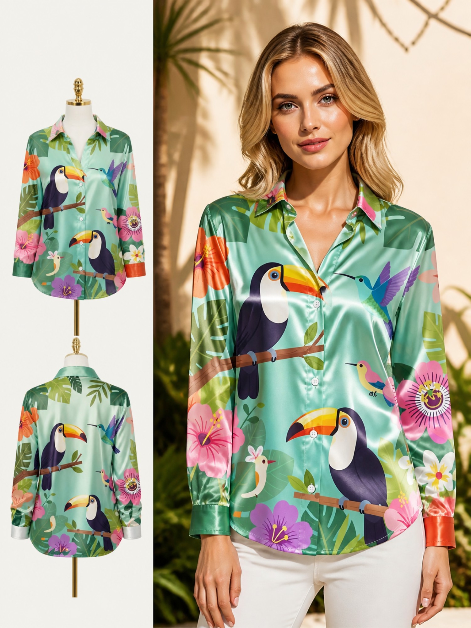 Mint Toucan Satin Button Shirt - Resort Shirt Floral 评论和价格