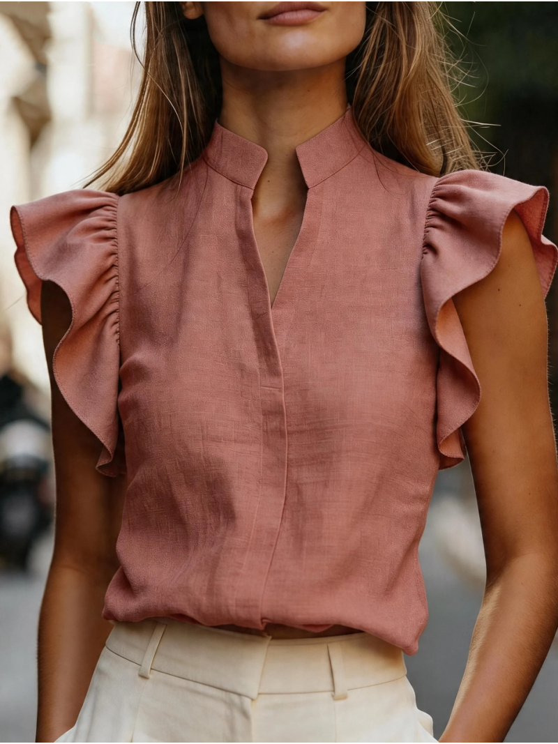 Sleeveless Ruffle Sleeve Top S - Shirt Camp Collar 评论和价格