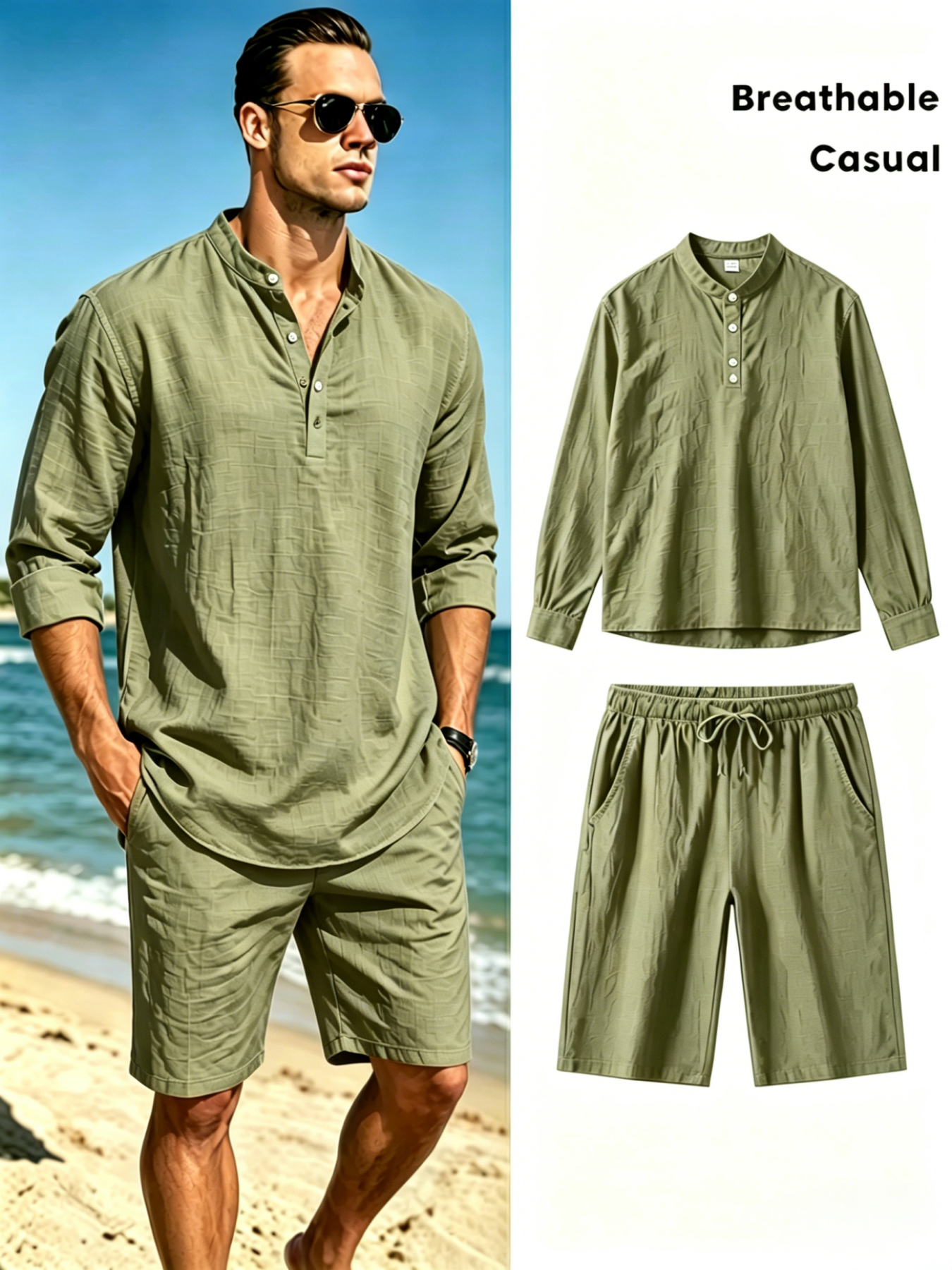 Men's Cotton Linen Henley Shir - Short Linen Drawstring 评论和价格