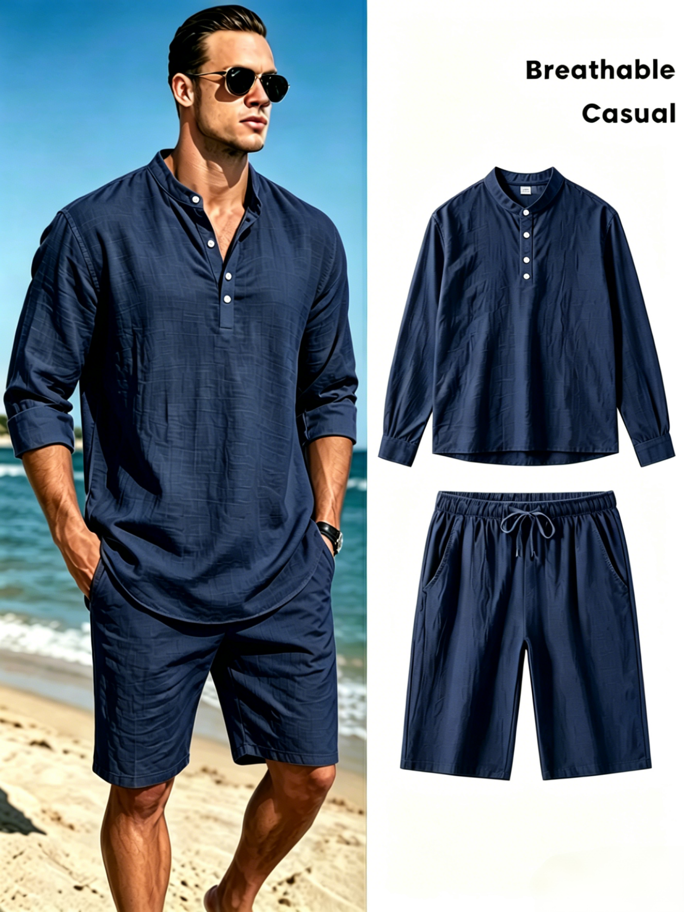 Men's Cotton Linen Henley Shir - Short Linen Drawstring 评论和价格