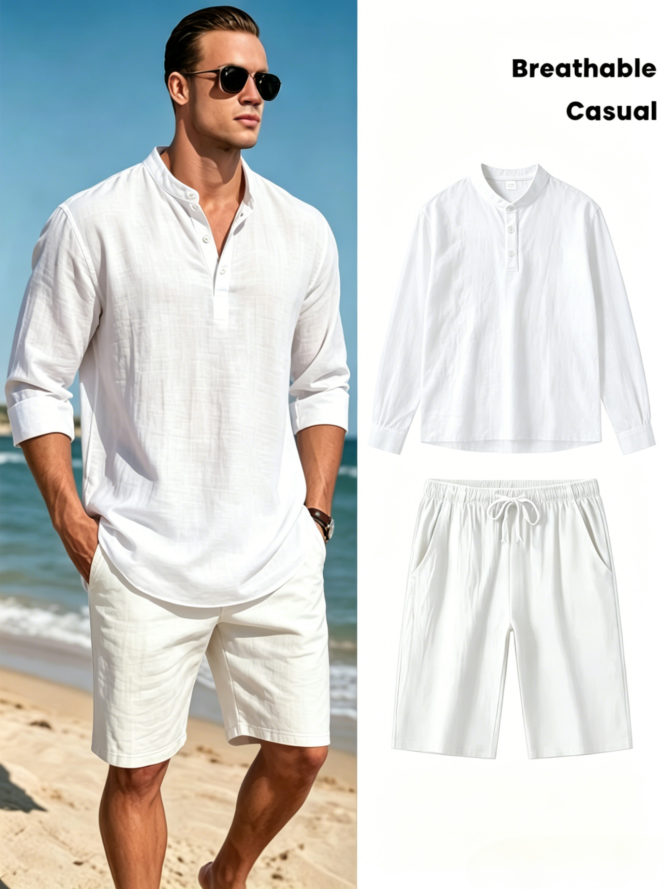 Men's Cotton Linen Henley Shir - Short Linen Drawstring 评论和价格