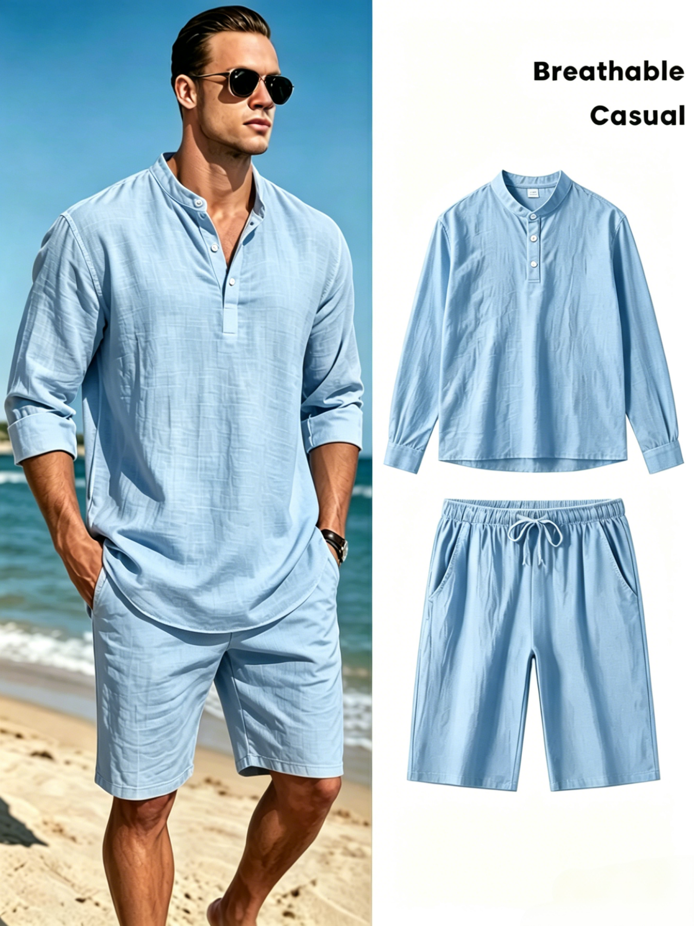 Men's Cotton Linen Henley Shir - Short Linen Drawstring 评论和价格