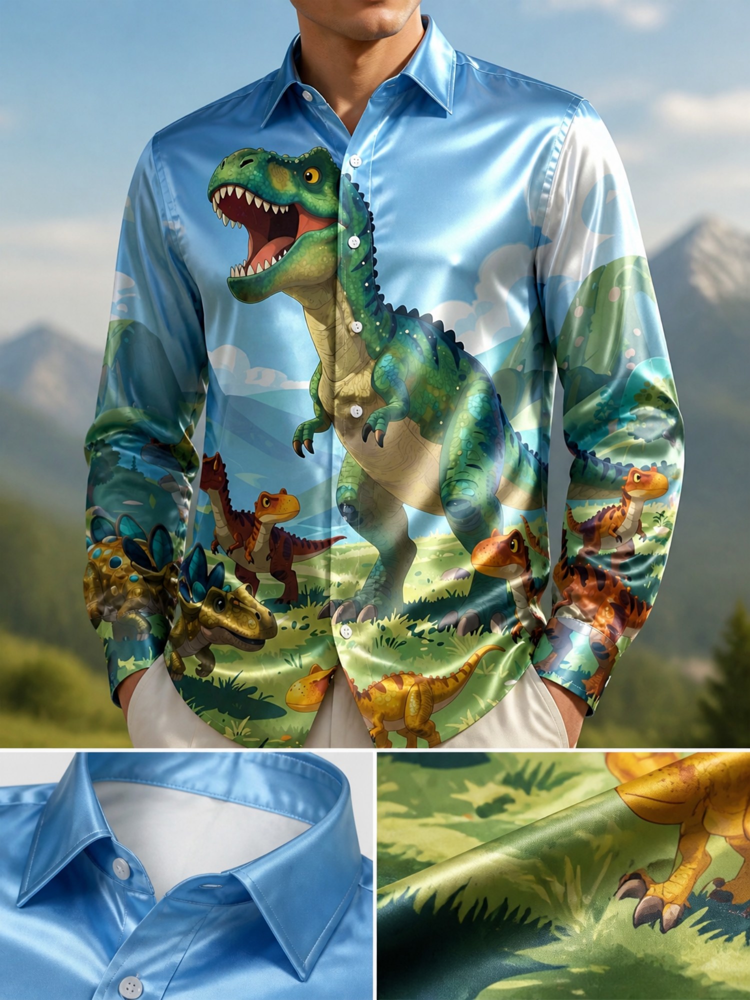 Mens Fashion Satin Long Sleeve - Resort Shirt Floral 评论和价格