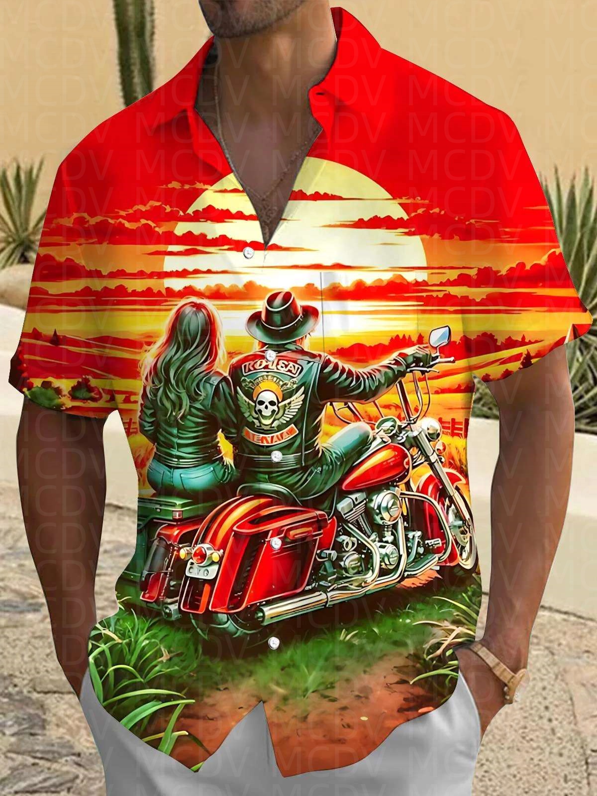 Motorcycle Pattern Men's Hawai - Shirt Camp Collar 评论和价格
