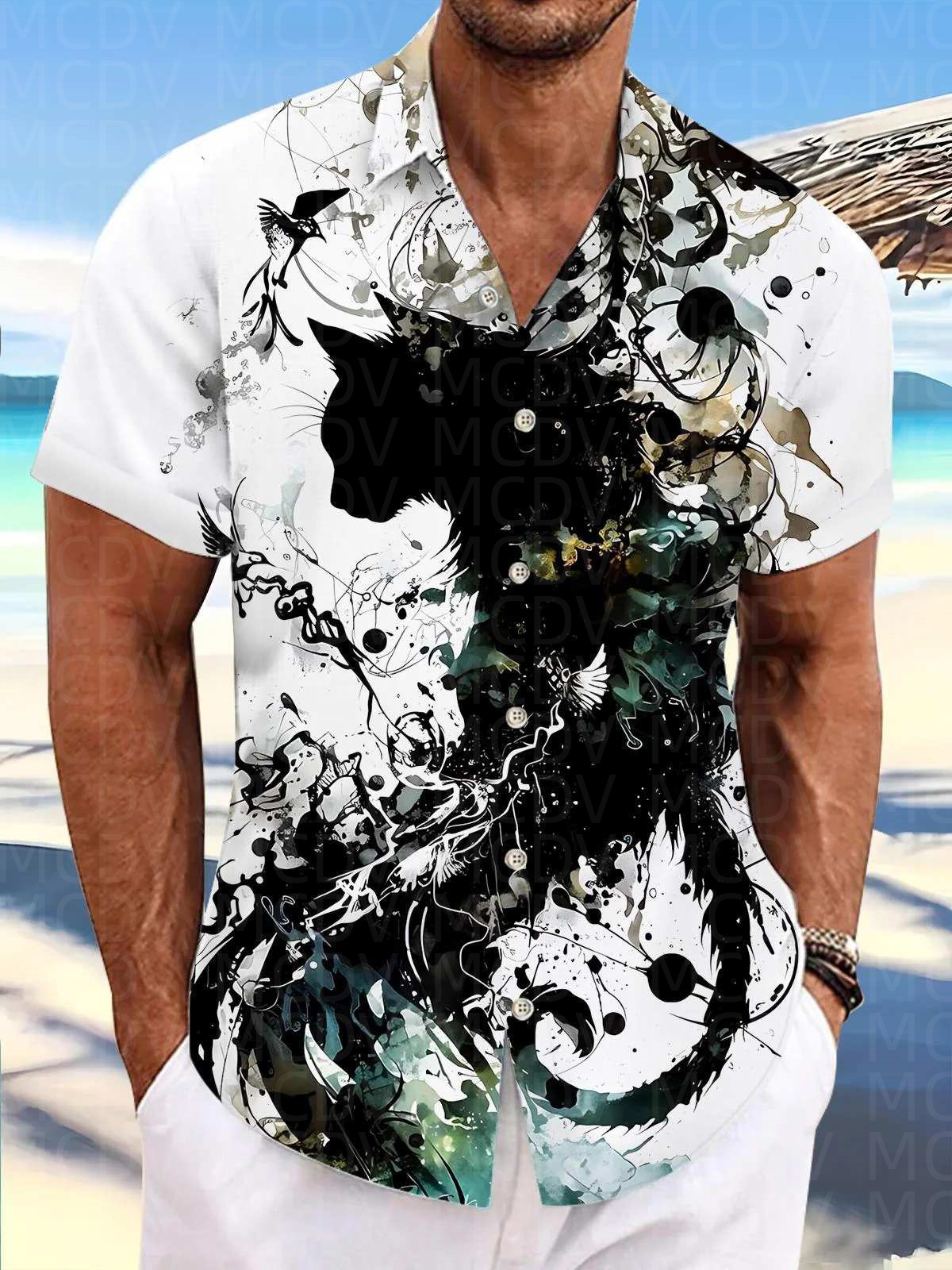 Motorcycle Pattern Men's Hawai - Shirt Camp Collar 评论和价格