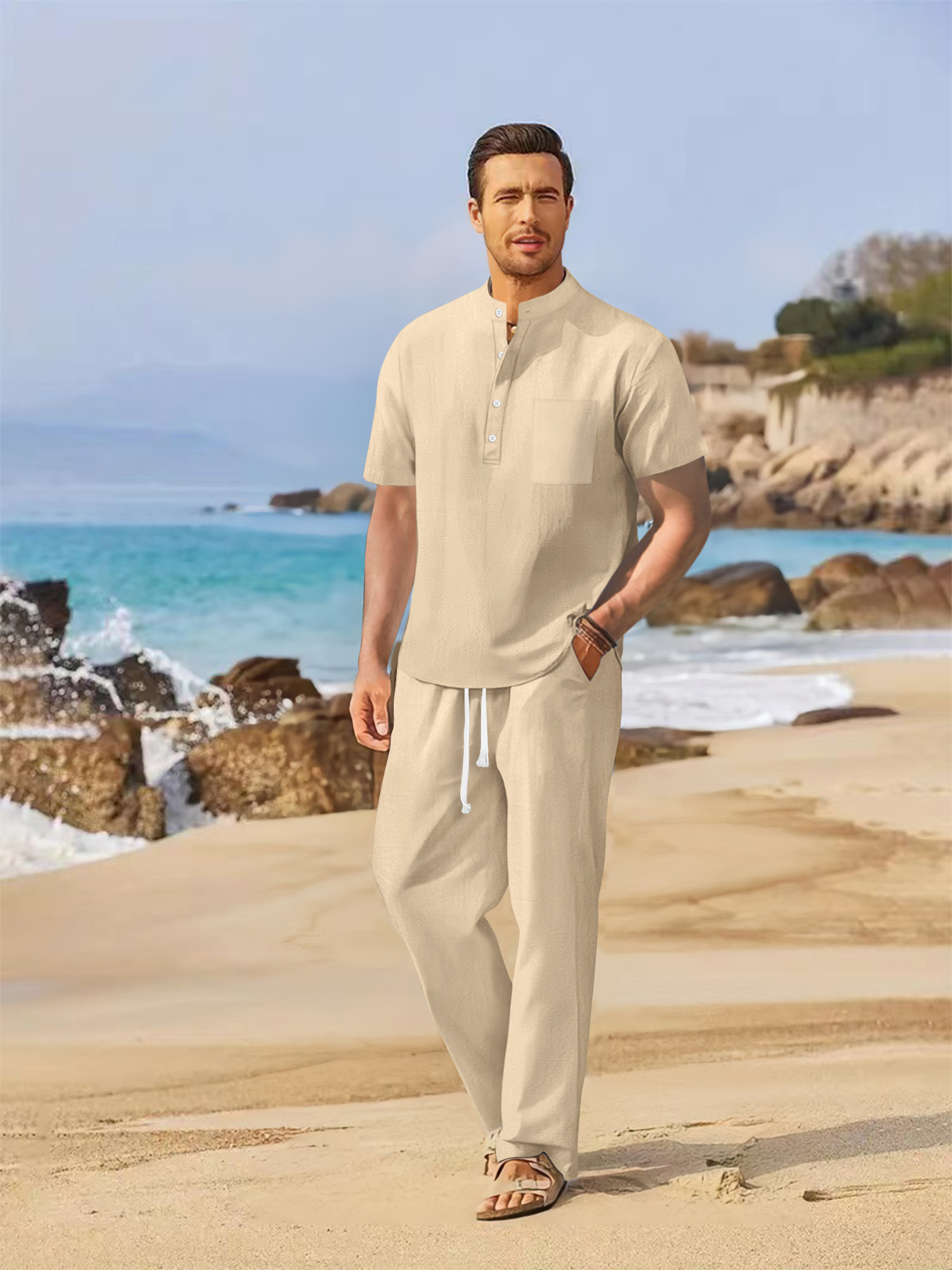 Summer men's cotton and linen  - Short Linen Drawstring 评论和价格