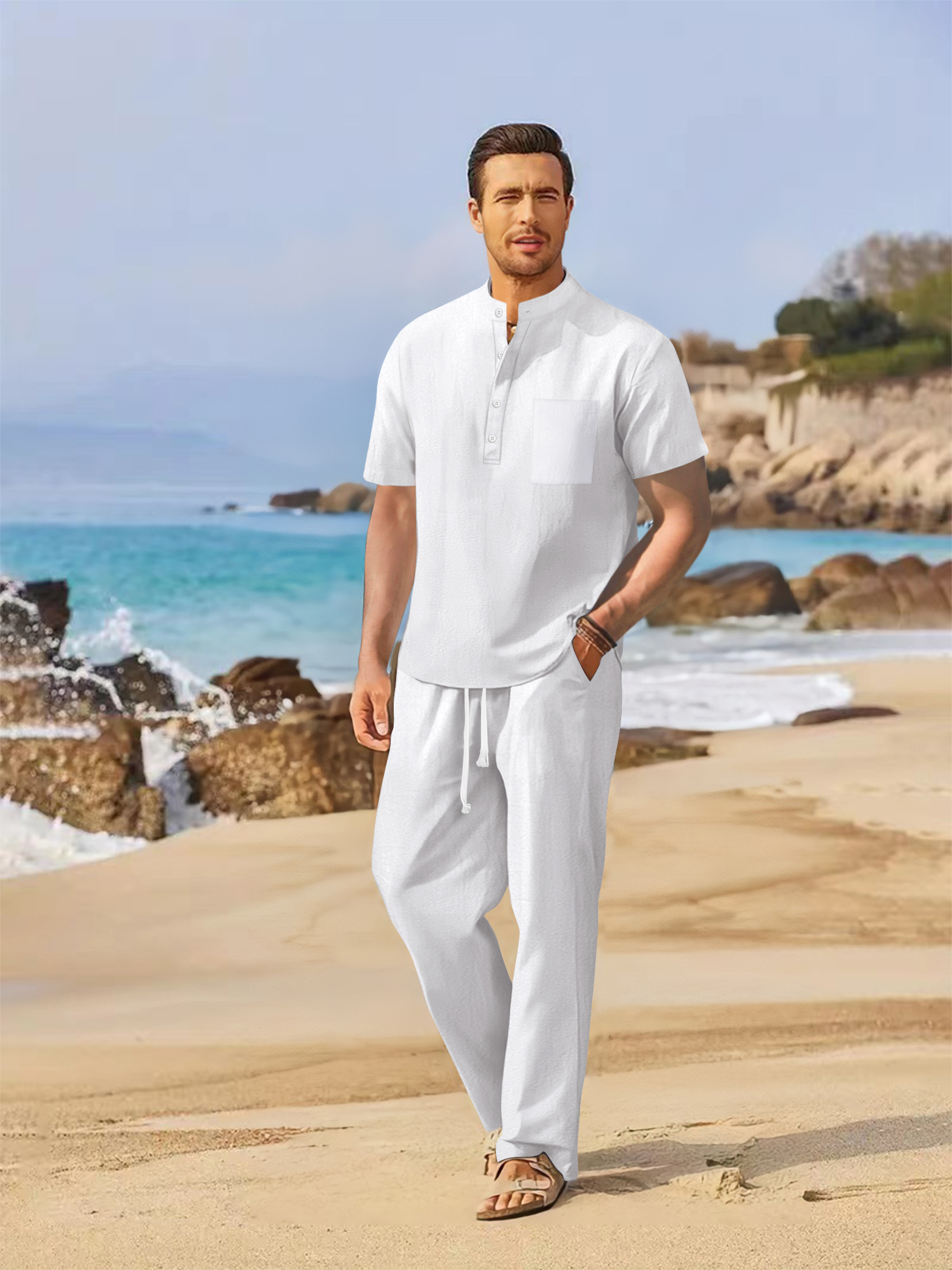 Summer men's cotton and linen  - Short Linen Drawstring 评论和价格