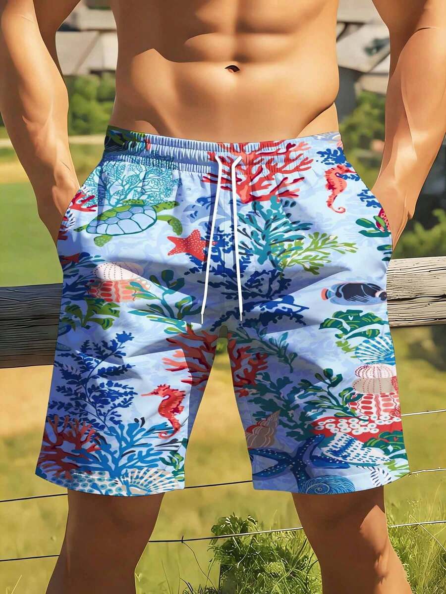 Mens Ocean Life Print Swim Tru - Swim Trunk Quick Dry 评论和价格