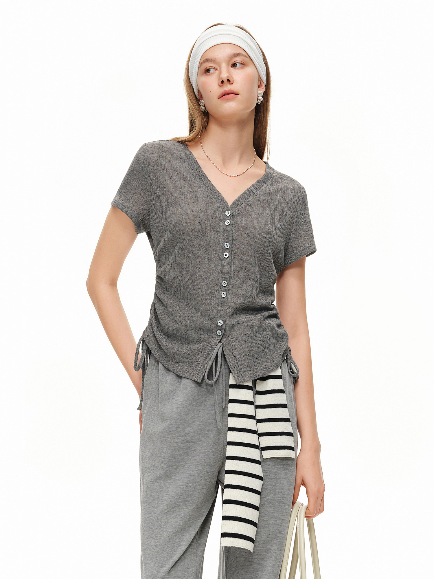 DUSHU Lightweight V-neck Linen - Short Linen Drawstring 评论和价格