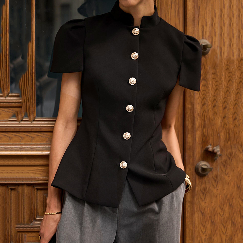 Linad Vintage Black Short Puff - Shirt Camp Collar 评论和价格