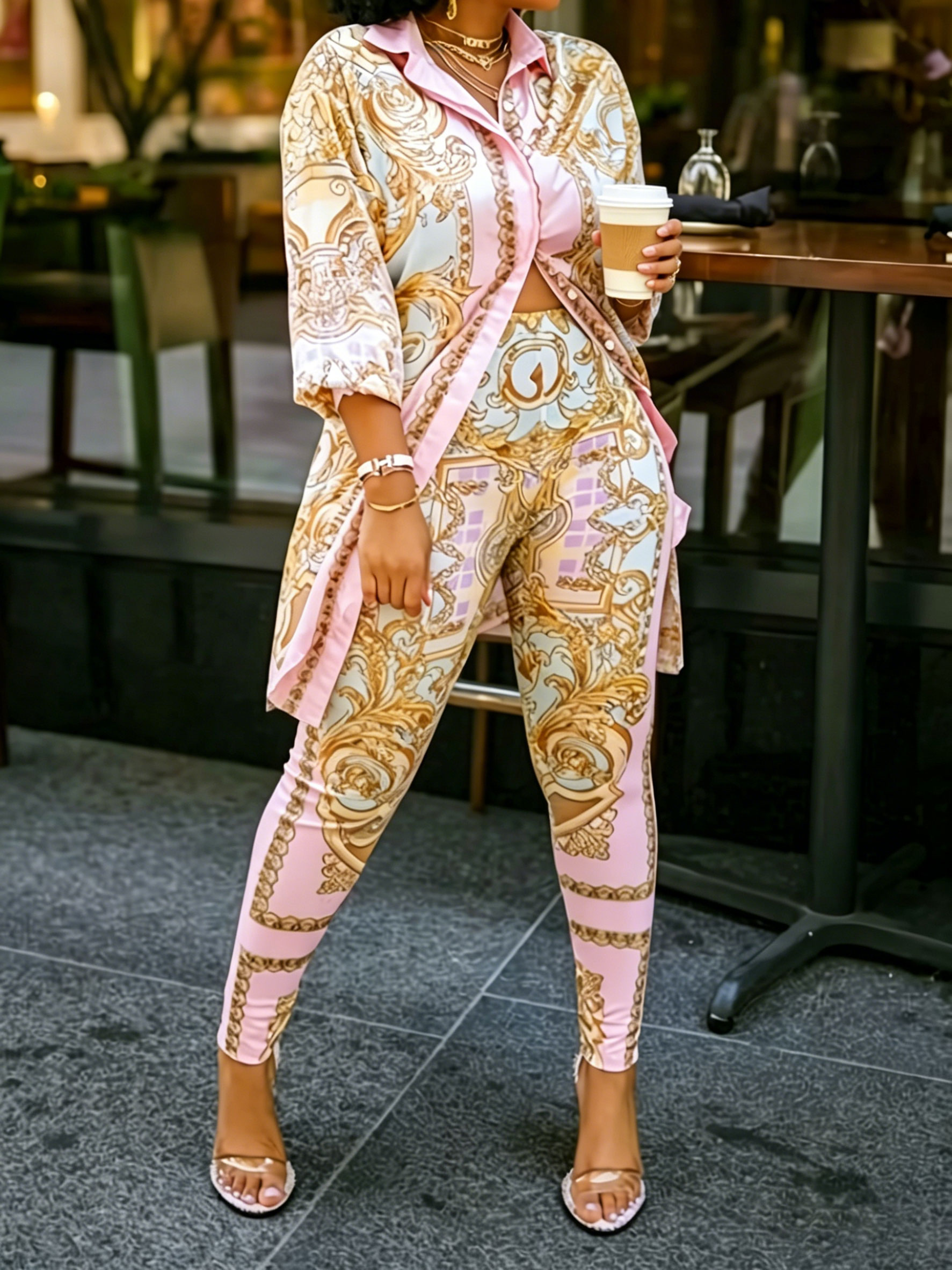 Women 2 Piece Set Ornate Print - Shirt Camp Collar 评论和价格